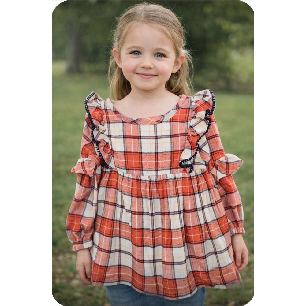 Max Studio Kids Orange Plaid‎ Ruffle Babydoll Tunic Top Girls Size M 7/8 NWT